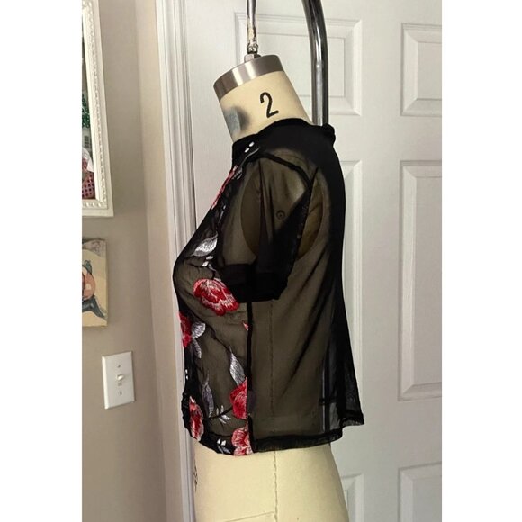 CHARLOTTE RUSSE Black Y2K Embroidered MESH Crop Cropped Shirt TOP *X-SMALL* B74 - Picture 3 of 5